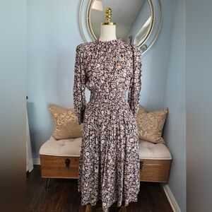 Sea New York Brown and Cream Mock Neck Bishop Sleeve Sundress